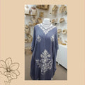 Dusty Blue Woolen Kaftan with White Floral Embroidery