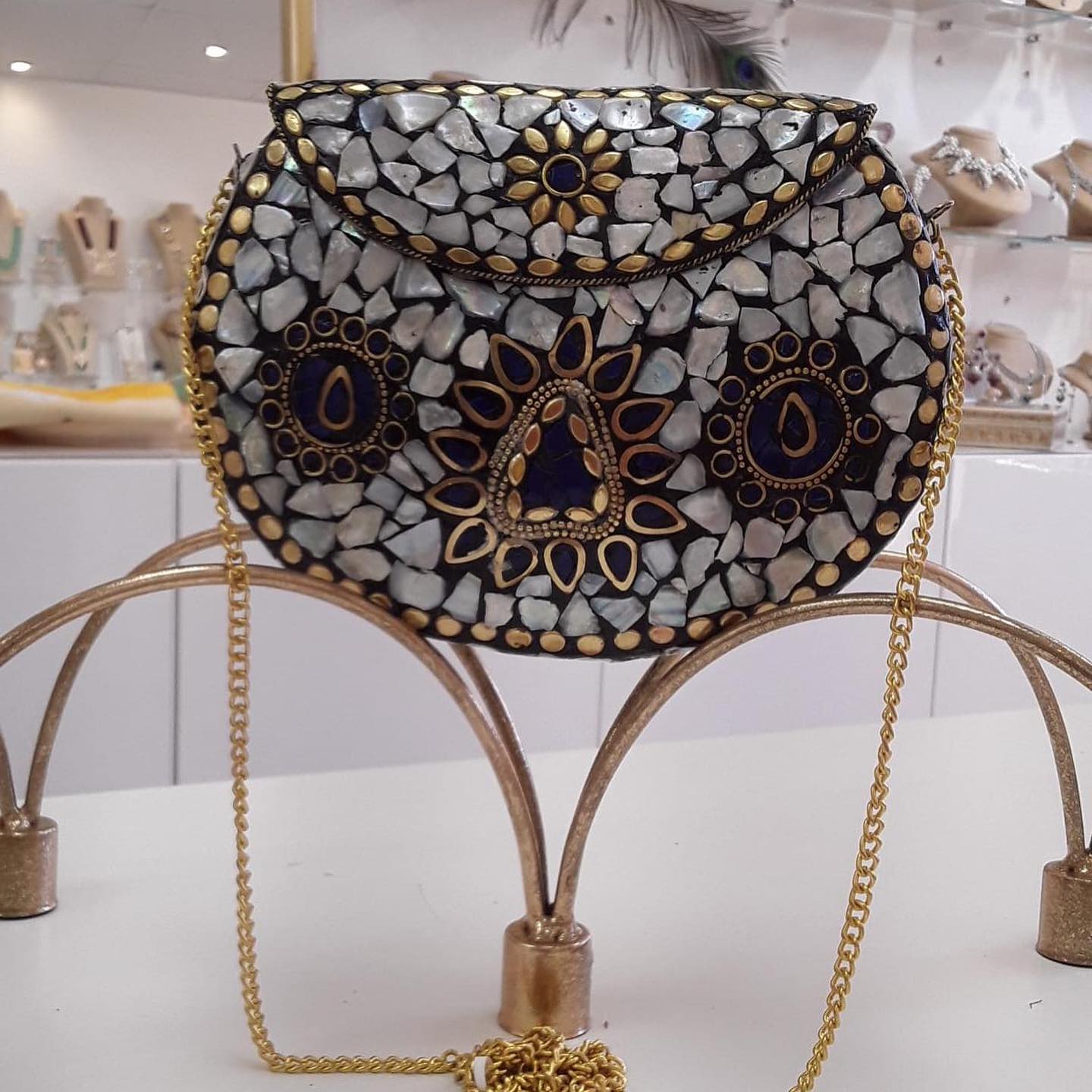 Celestial Blue & Pearl Mosaic Hand-Inlaid Stone Oval Clutch