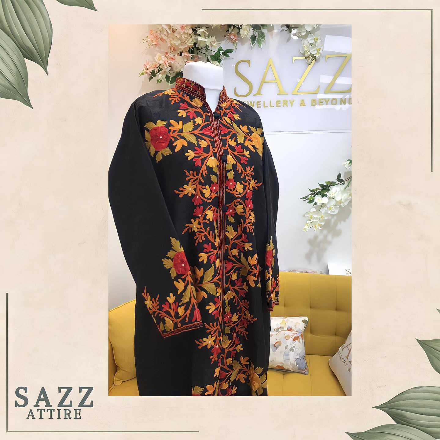 Jet Black Long Woolen Jacket with Autumnal Floral Aari Work