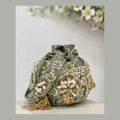 Sage Green Hand-Embellished Zardosi Potli Bag with Pearl Accents