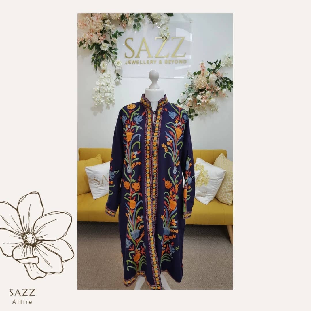 Royal Navy Blue Longline Jacket with Vibrant Floral Aari Embroidery