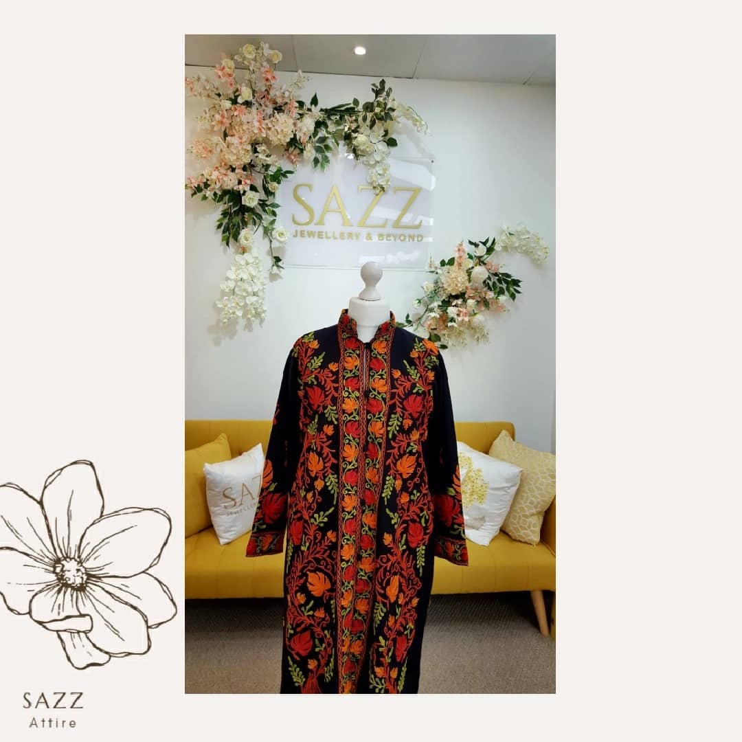 Midnight Black Aari Embroidered Jacket with Vibrant Red & Orange Florals