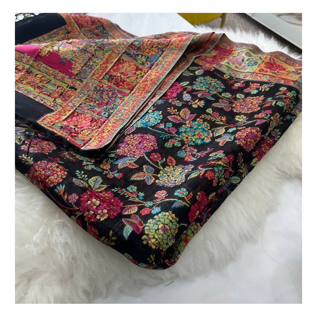 Midnight Black Royal Bloom Jacquard Shawl