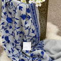 Elegant Blue Vine Hand-Embroidered Stole – Soft Grey Winter Evening Wrap