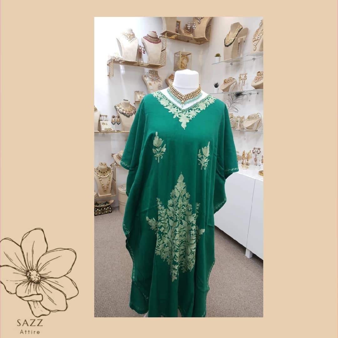 Emerald Green Kashmiri Kaftan with Sage Green Embroidery