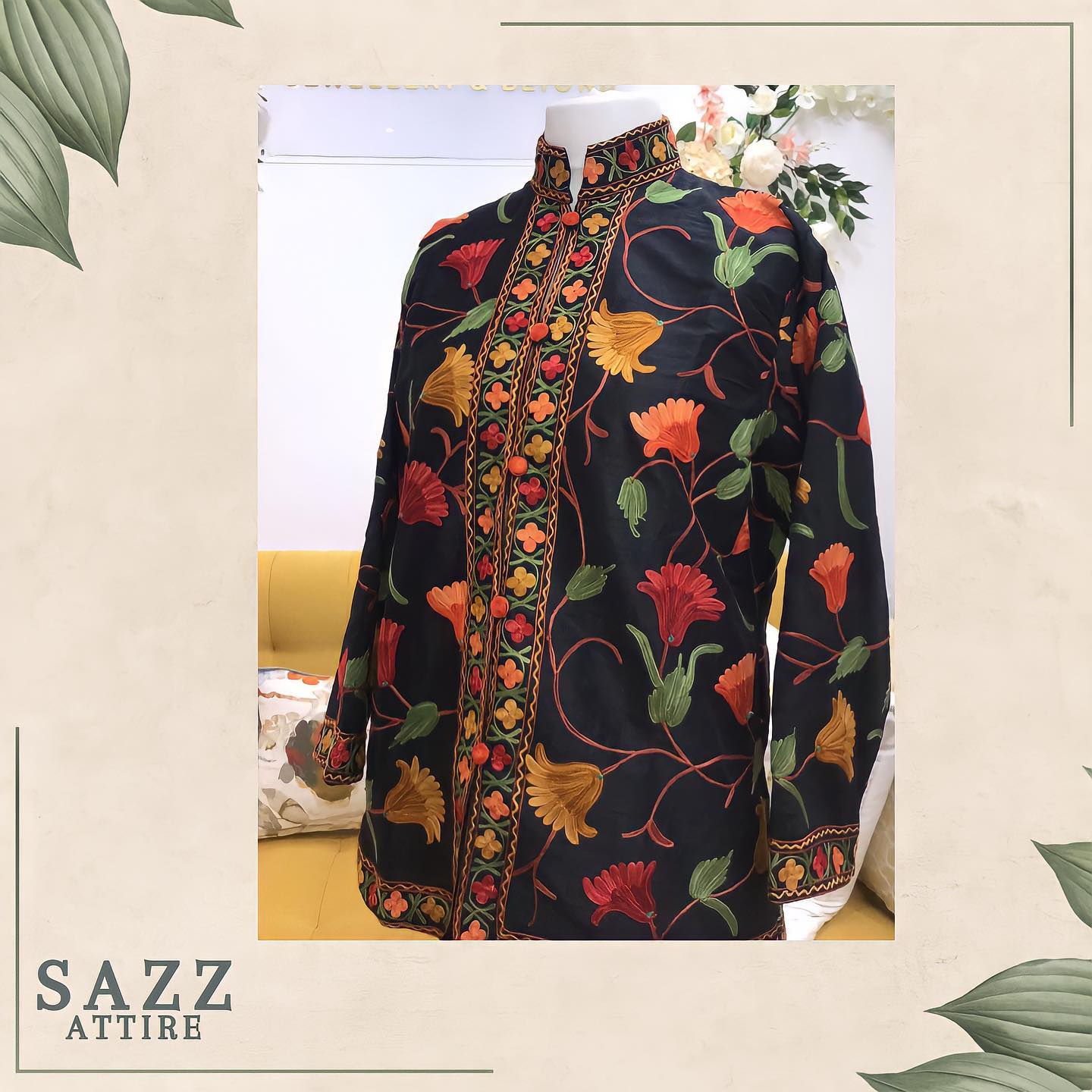 Elegant Black Short Woolen Coat with Intricate Floral Aari Border