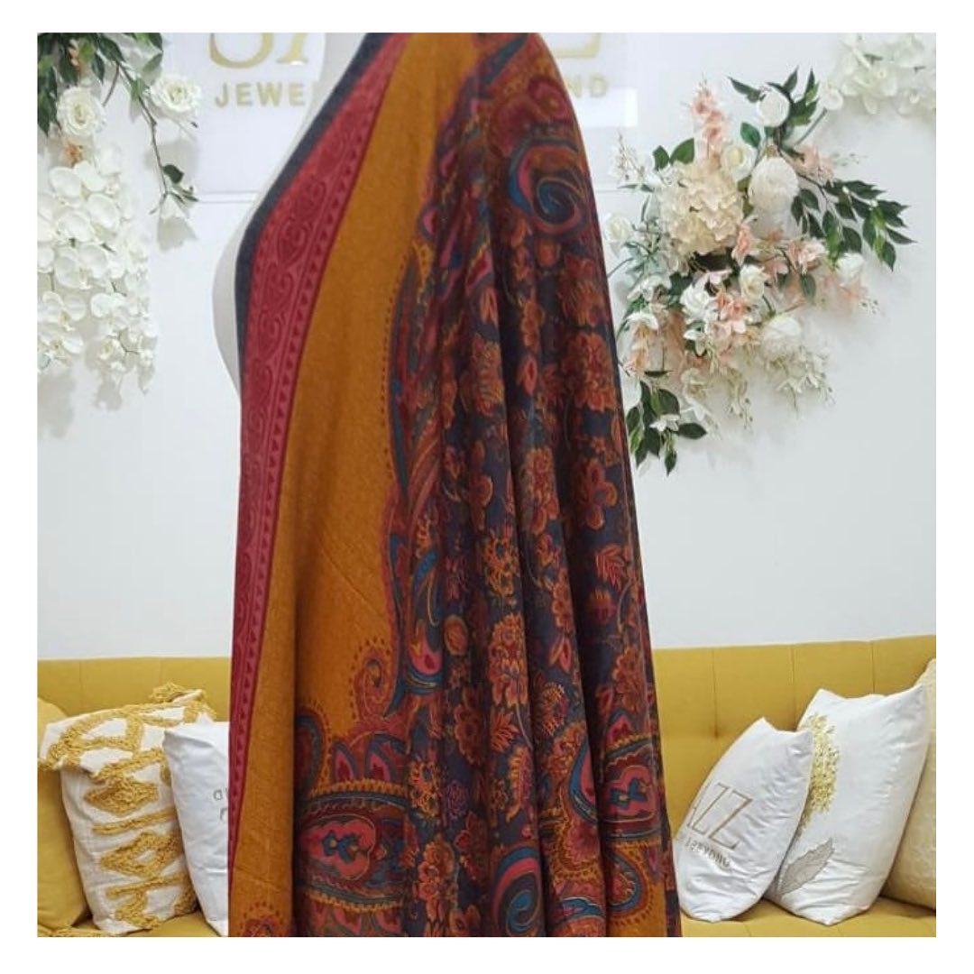 Mustard & Ochre Reversible Shawl with Deep Red Border