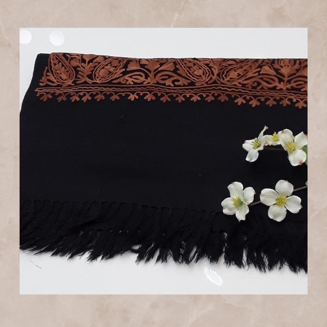 Midnight Black Pashmina Shawl with Rust Copper Tilla Border