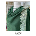 Forest Green Kashmiri Shawl with Intricate Sage Green Lace Embroidery