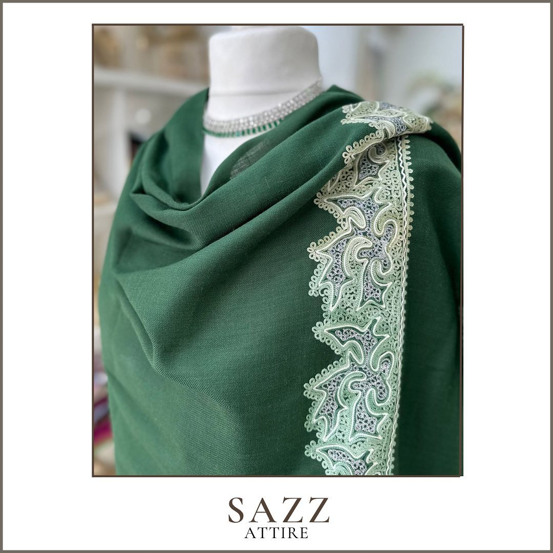 Forest Green Kashmiri Shawl with Intricate Sage Green Lace Embroidery