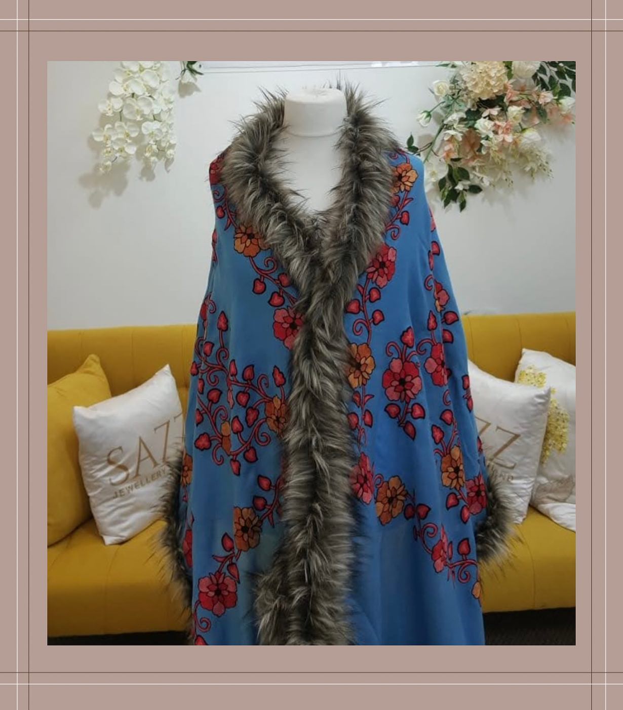 Sky Blue Embroidered Shawl with Luxury Faux Fur Trim