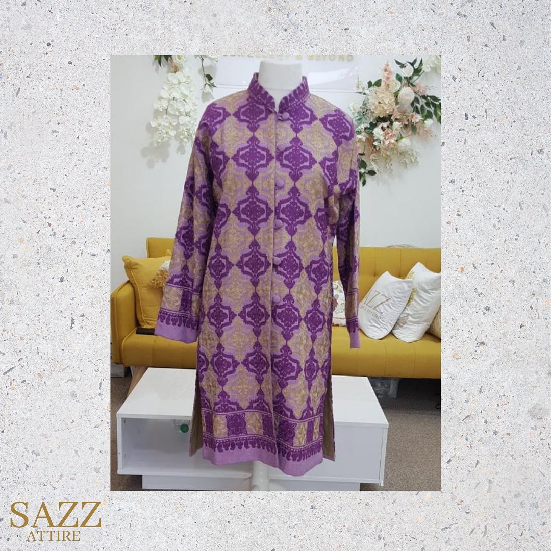 Lavender & Gold Geometric Patterned Woolen Long Jacket