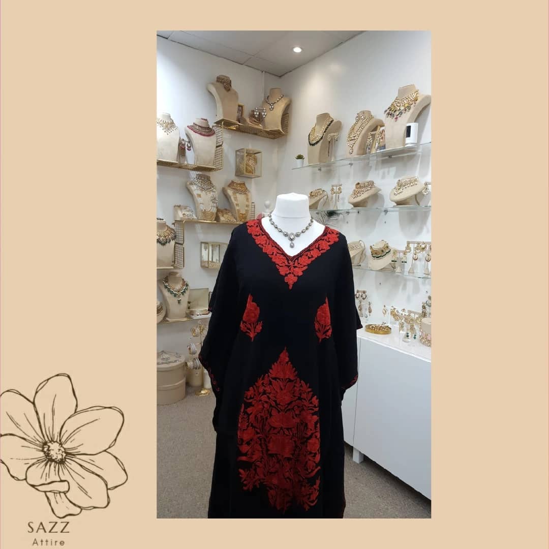 Midnight Black Woolen Kaftan with Bold Crimson Aari Work