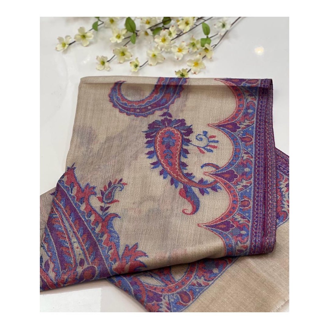 Champagne Beige Silk-Wool Shawl with Vibrant Pink & Blue Paisley Border