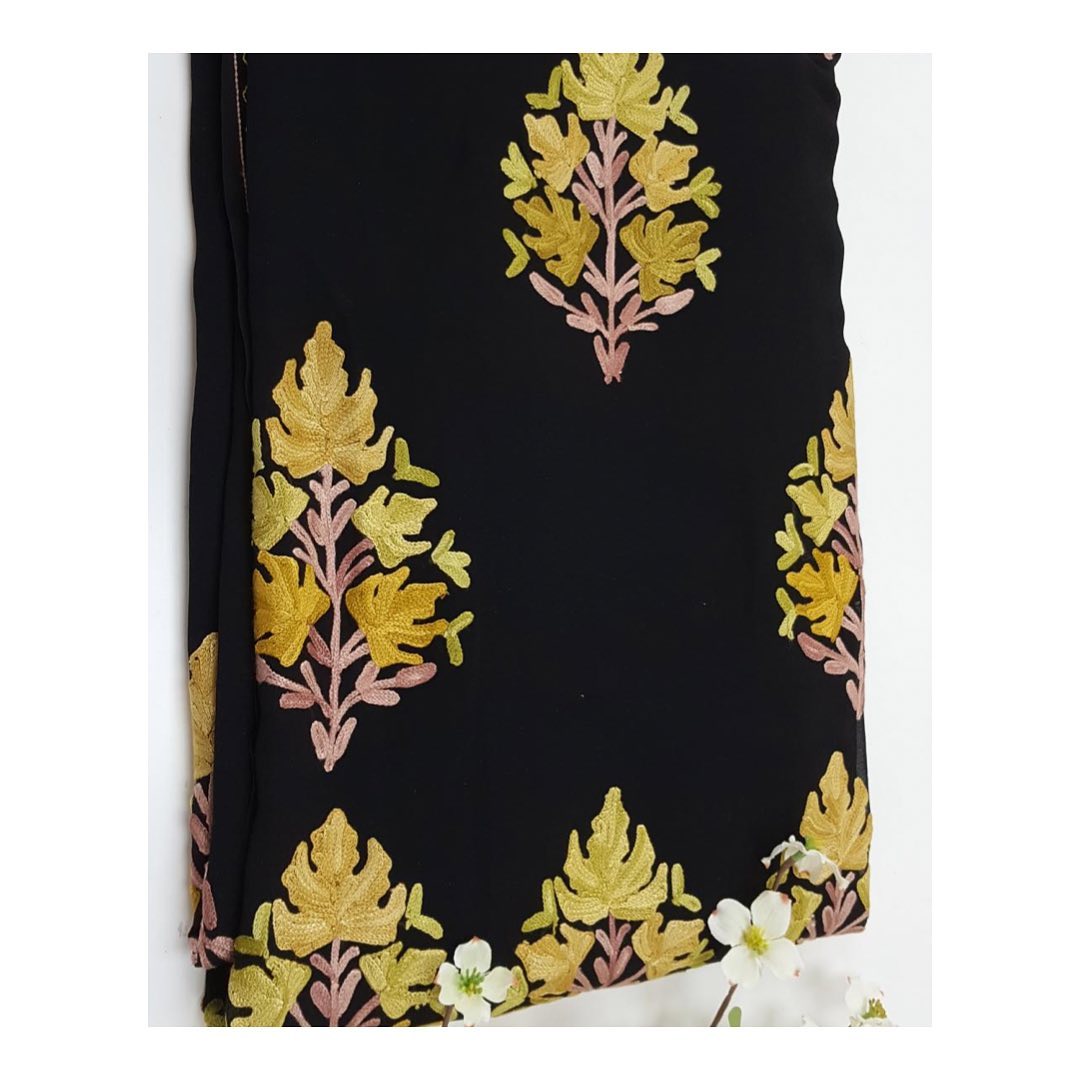 Jet Black Georgette Saree with Golden-Yellow Maple Leaf Embroidery