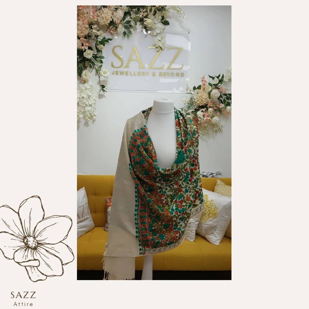 Ivory Cream Pashmina Shawl with Green and Orange Floral Embroidery