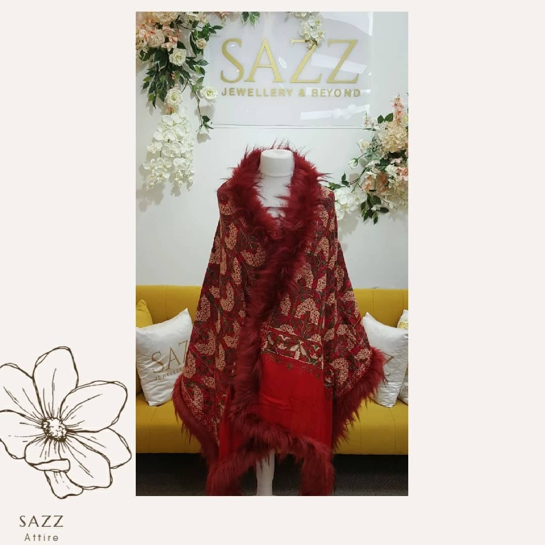 Regal Crimson Embroidered Shawl with Faux Fur Trim