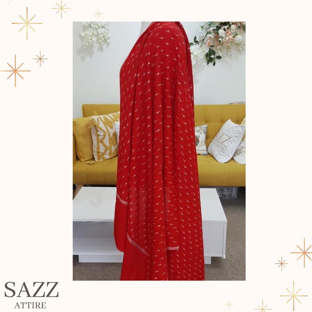Classic Scarlet Red Shawl with Delicate Silver Butti Embroidery