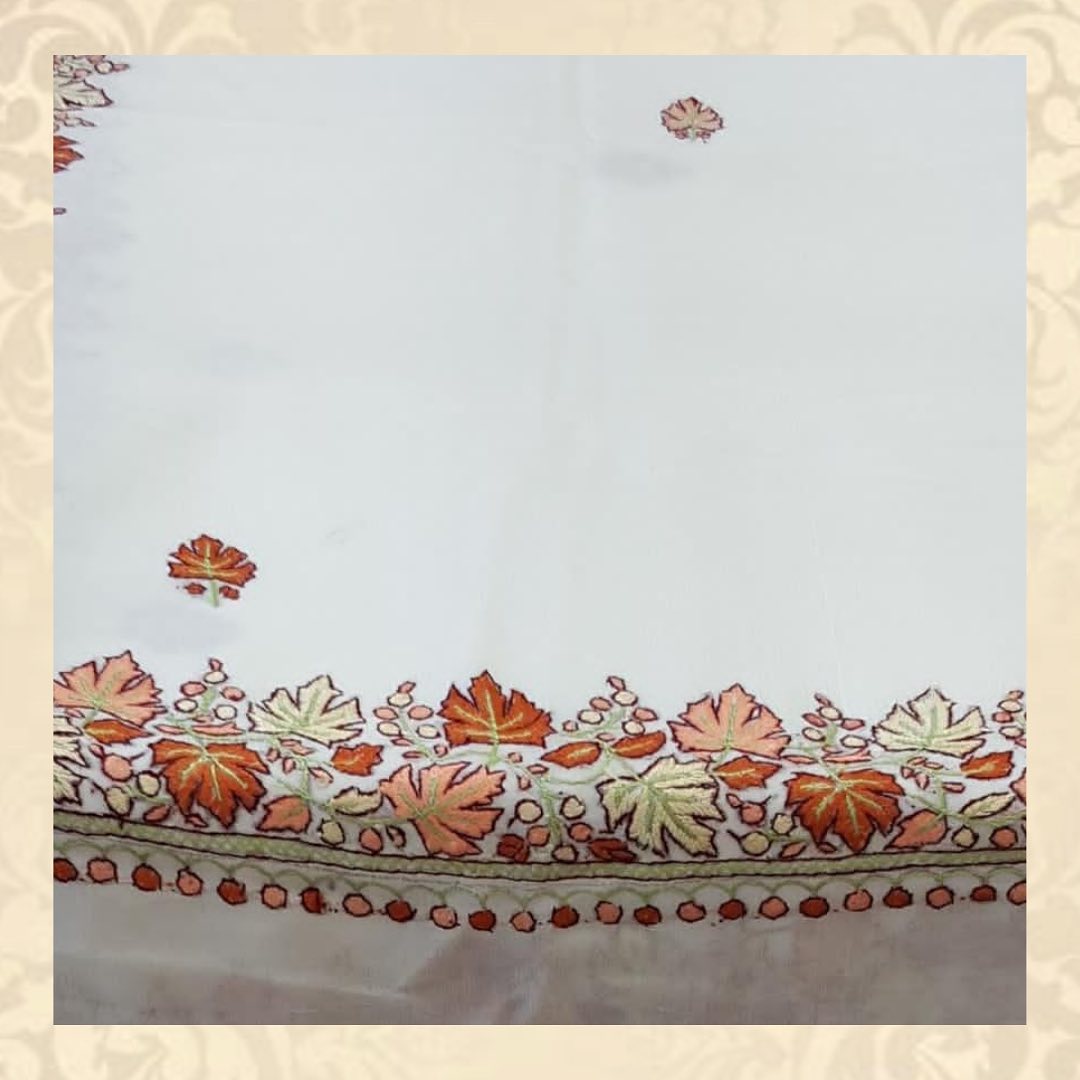 Ivory White Chiffon Saree with Autumn Leaf Border Embroidery