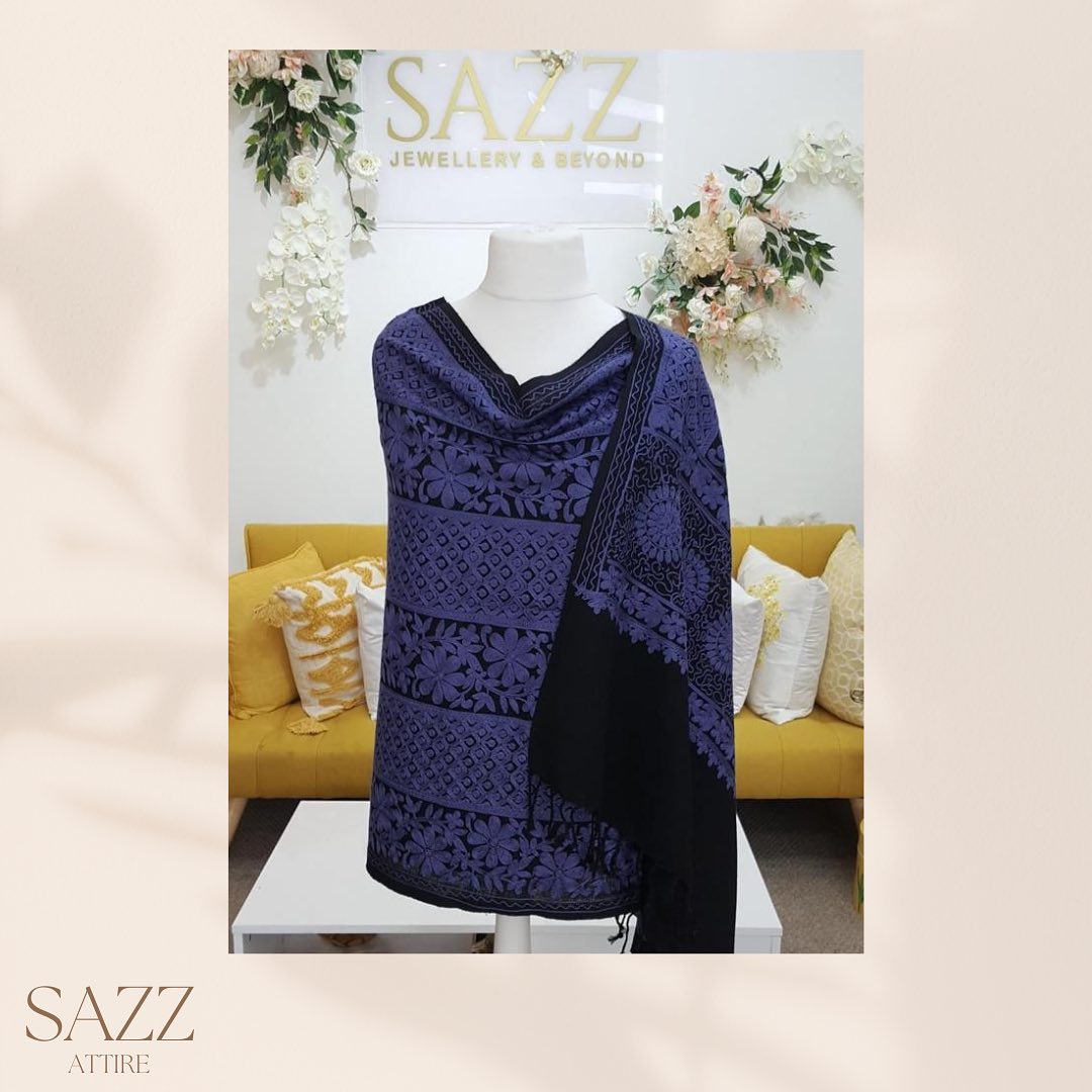 Two-Tone Black & Indigo Intricate Patterned Evening Shawl