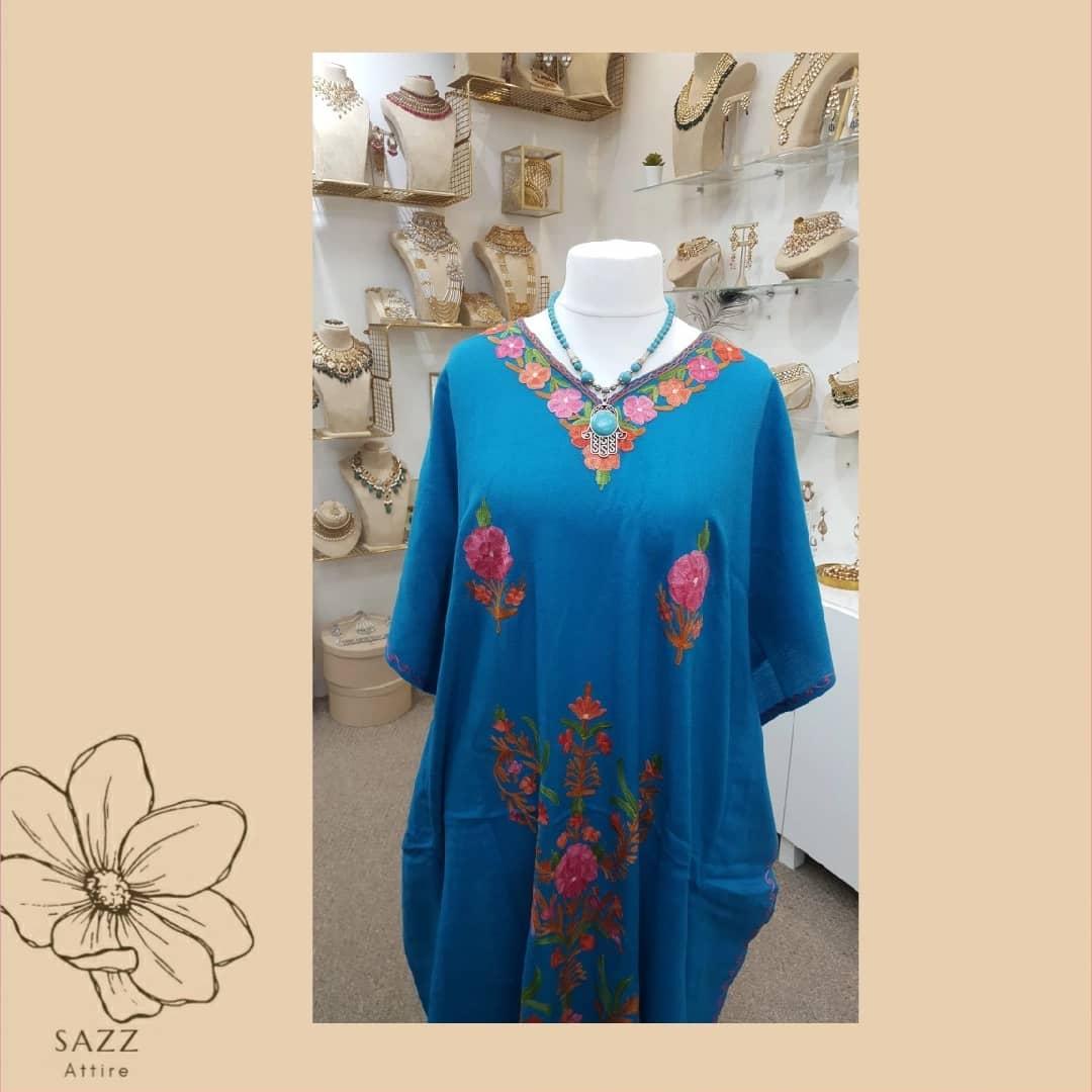 Vibrant Cerulean Blue Embroidered Kaftan with Pink Florals