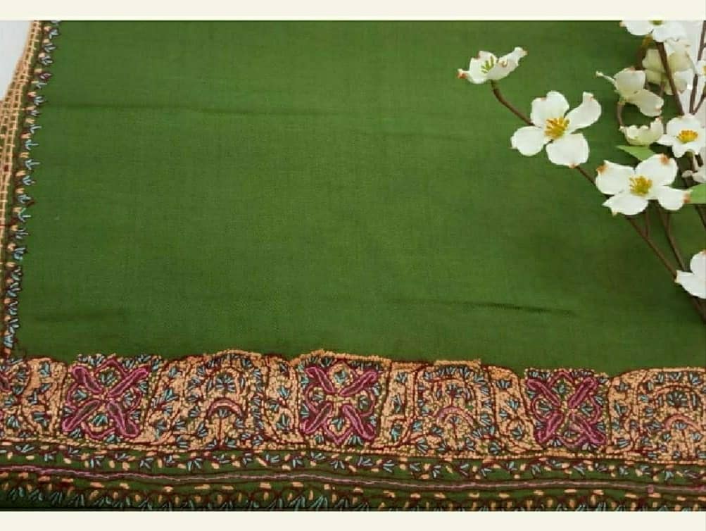 Emerald Green Woolen Shawl with Hand-Embroidered Sozni Border