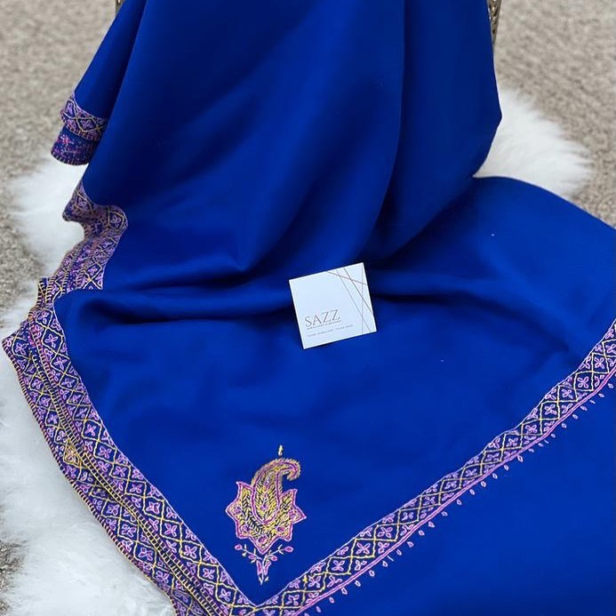 Electric Blue Fine Wool Shawl with Gold Tilla & Pink Floral Border