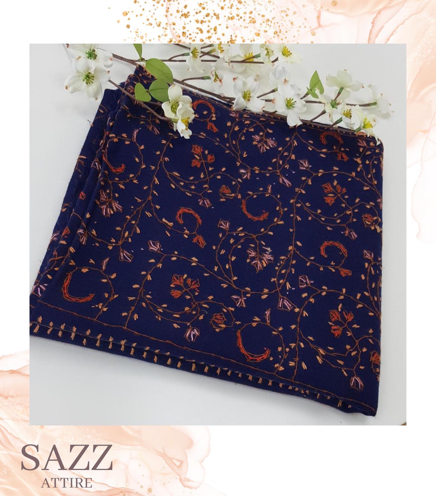 Midnight Navy Hand-Embroidered Vine Scarf – Floral Needlework
