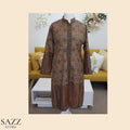 Earthy Taupe Jamawar Patterned Long Coat – Traditional Geometric Motif