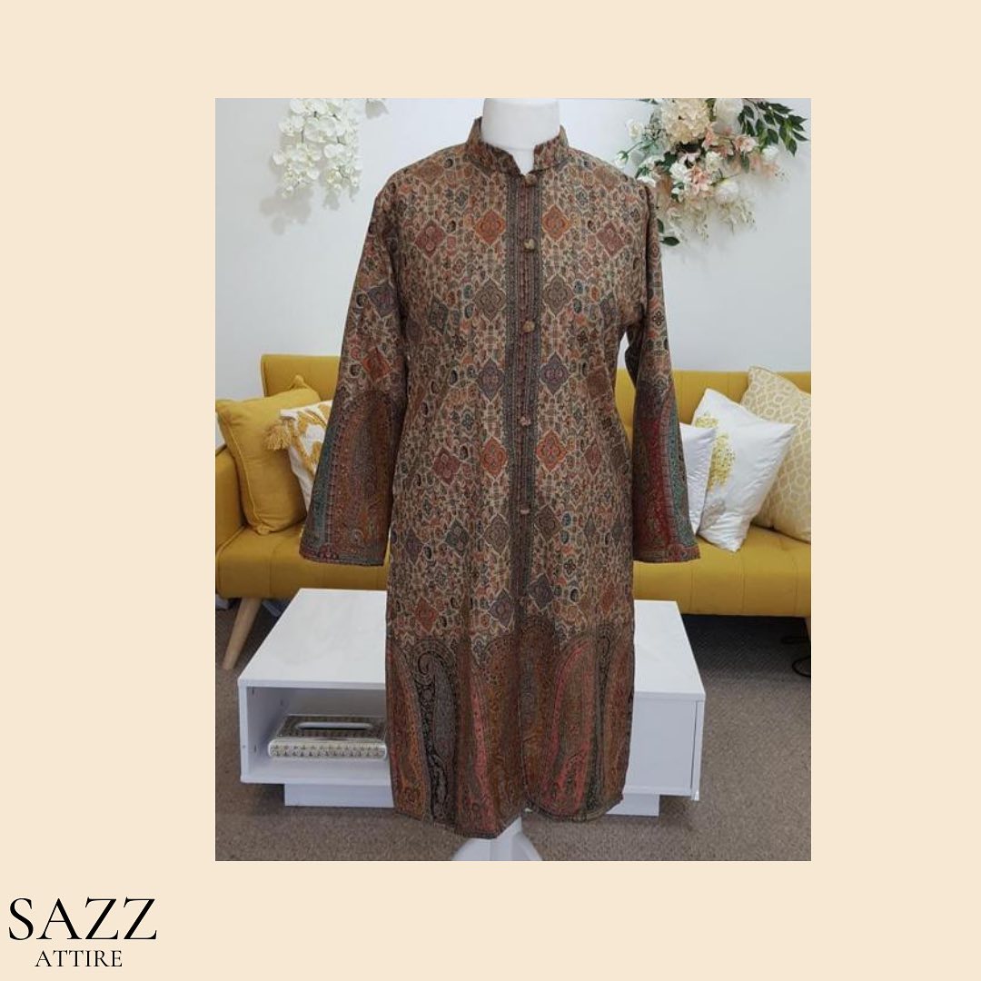 Earthy Taupe Jamawar Patterned Long Coat – Traditional Geometric Motif