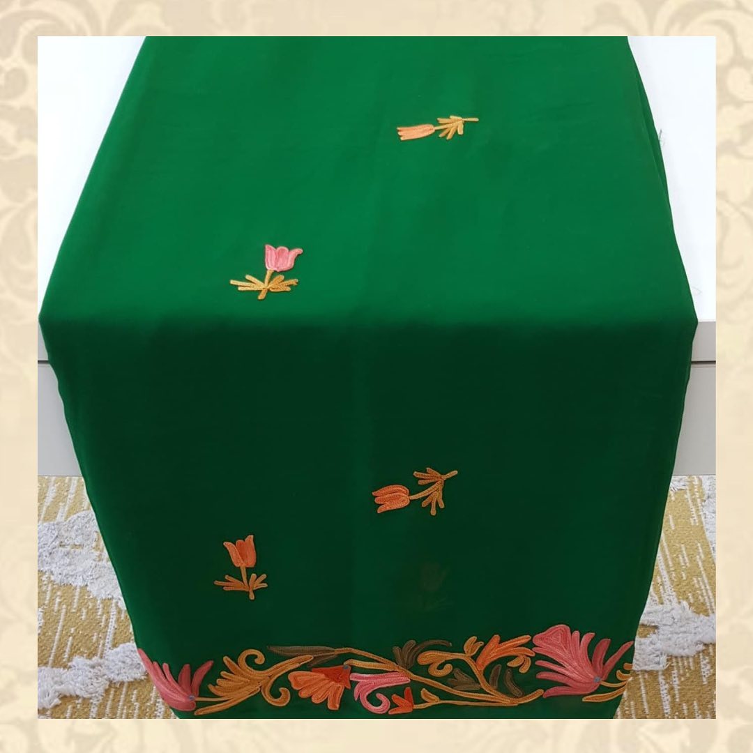 Emerald Green Chiffon Saree with Hand-Embroidered Floral Butis