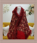Crimson Red Faux Fur Trimmed Bridal Shawl – Full Embroidery