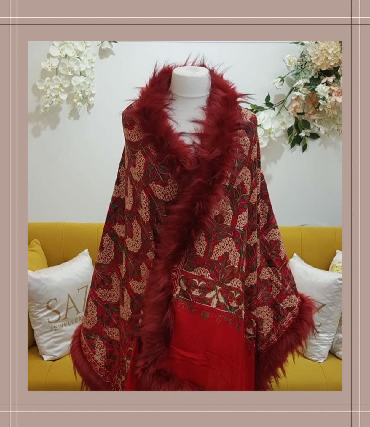 Crimson Red Faux Fur Trimmed Bridal Shawl – Full Embroidery