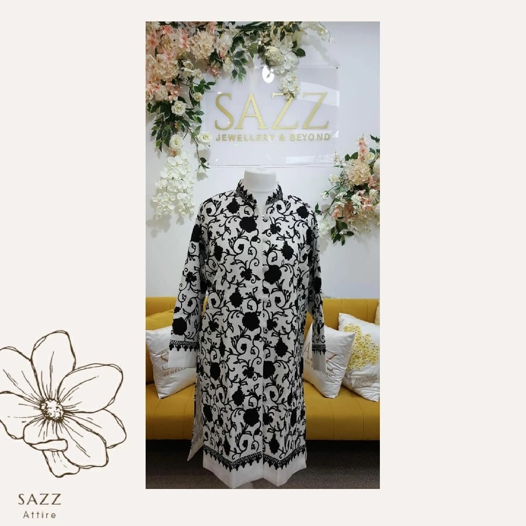 Monochrome Floral Vine Embroidered Statement Long Coat