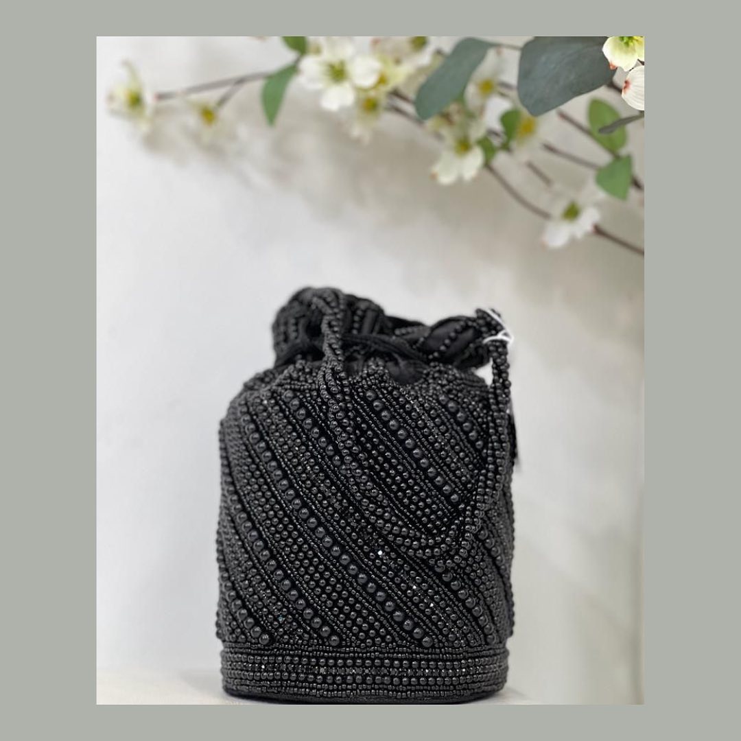 Midnight Noir Hand-Beaded Diagonal Striped Potli Bag