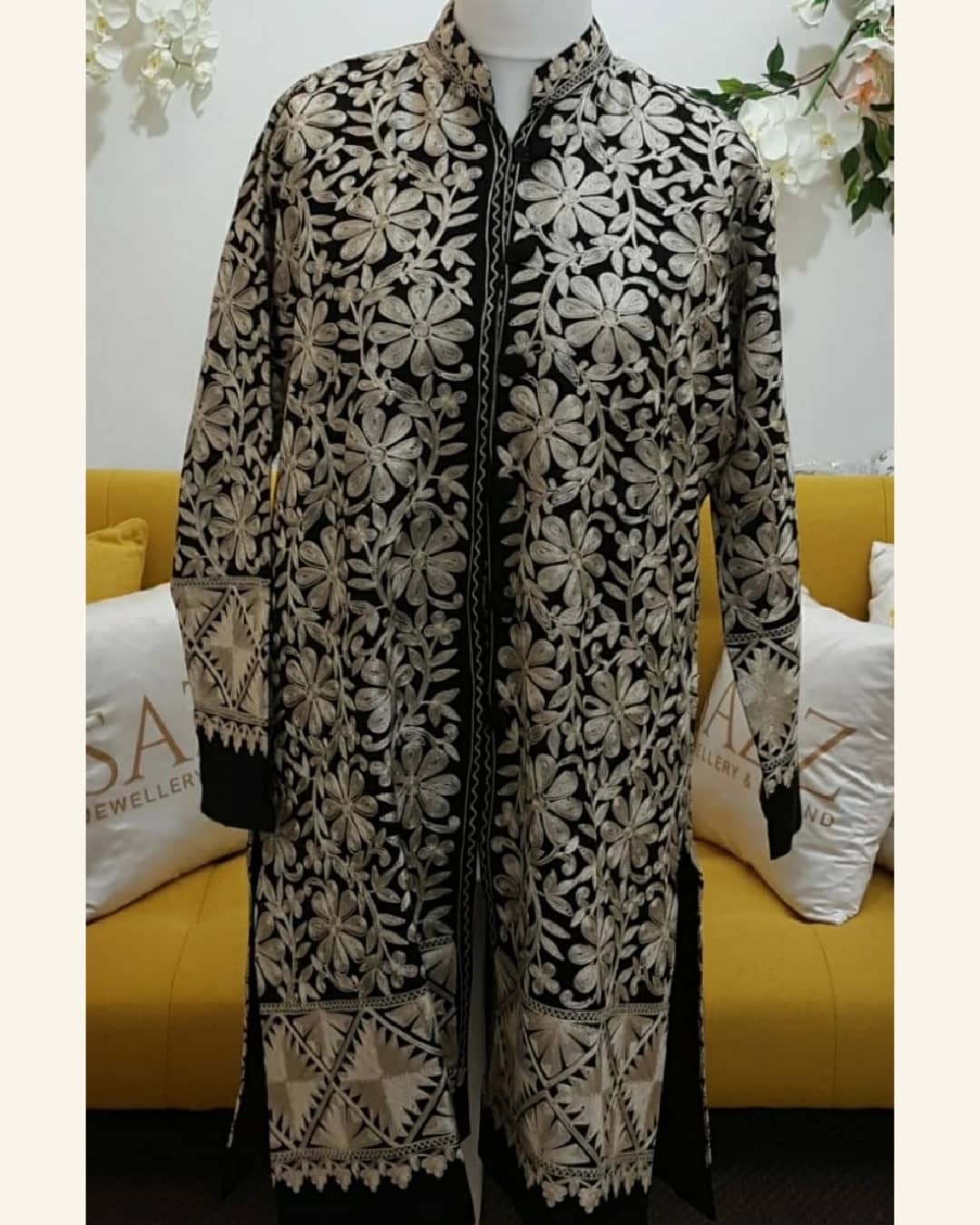 Midnight Black Full Floral Aari Embroidered Long Jacket