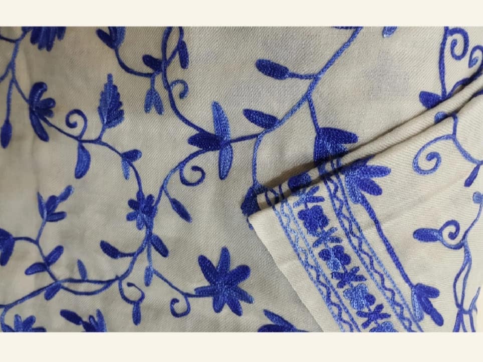 Electric Blue Kashmiri Floral Embroidery Shawl – Cream Base