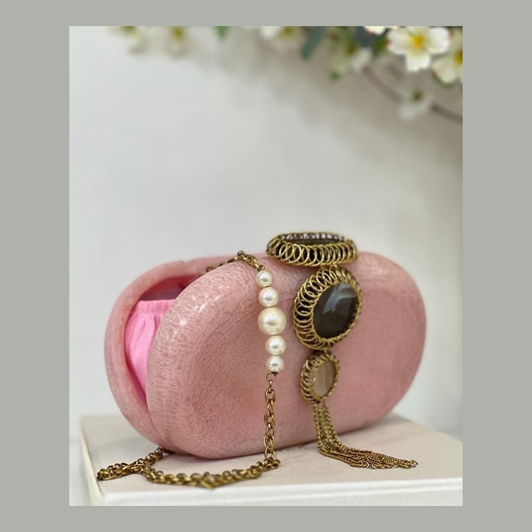 Blush Marble-Effect Resin Clutch with Agate Stones and Pearl Chain