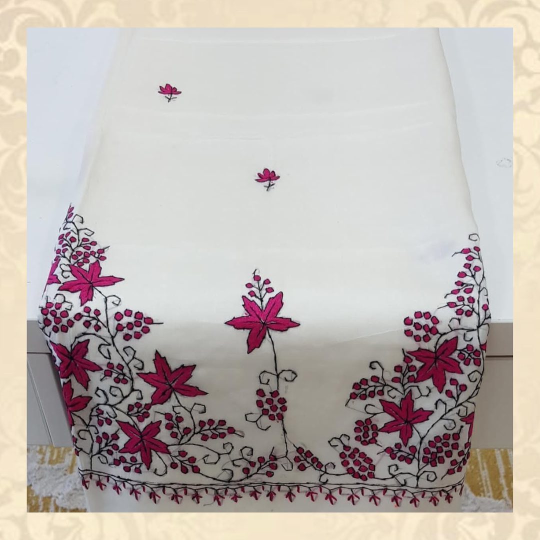 Pure White Chiffon Saree with Magenta Floral Vine Needlework