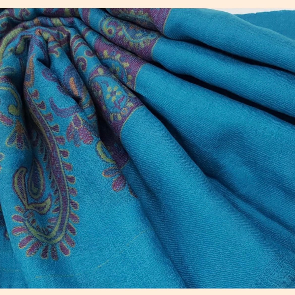Azure Blue Pashmina with Purple Paisley Border Accent