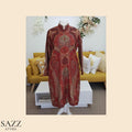 Crimson Red Jamawar Print Longline Jacket – Intricate Paisley Weave