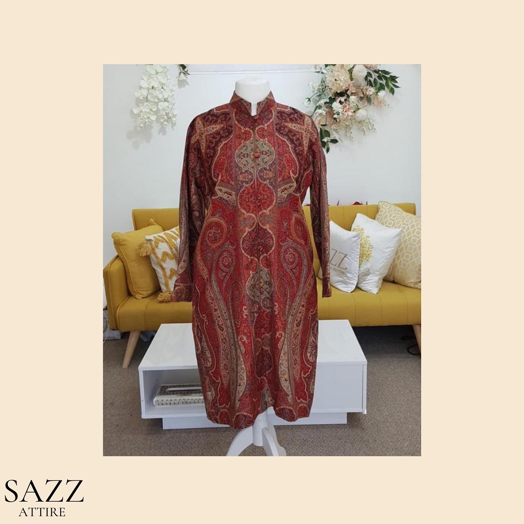 Crimson Red Jamawar Print Longline Jacket – Intricate Paisley Weave