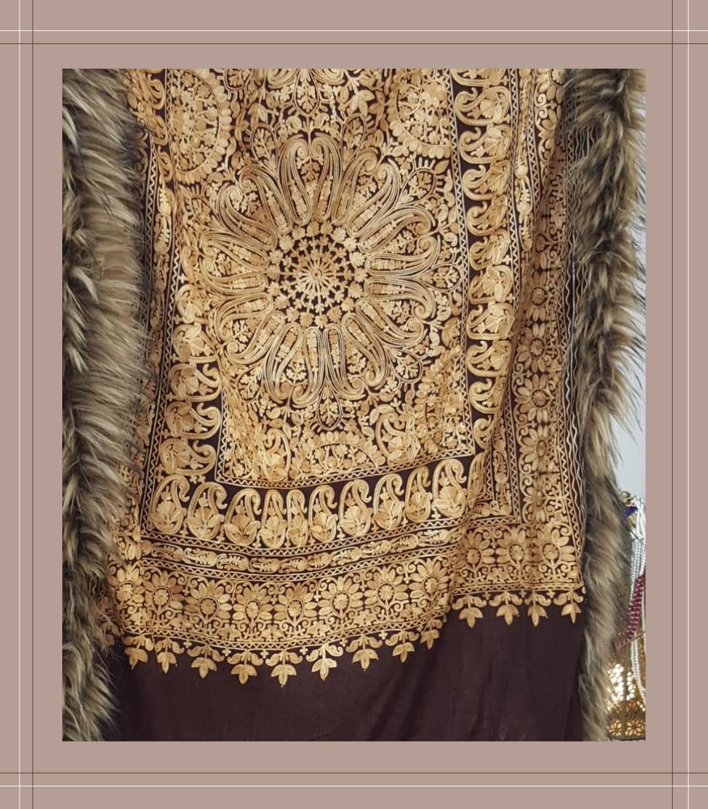 Chocolate Brown Regal Tilla Work Shawl with Luxury Fur Trim