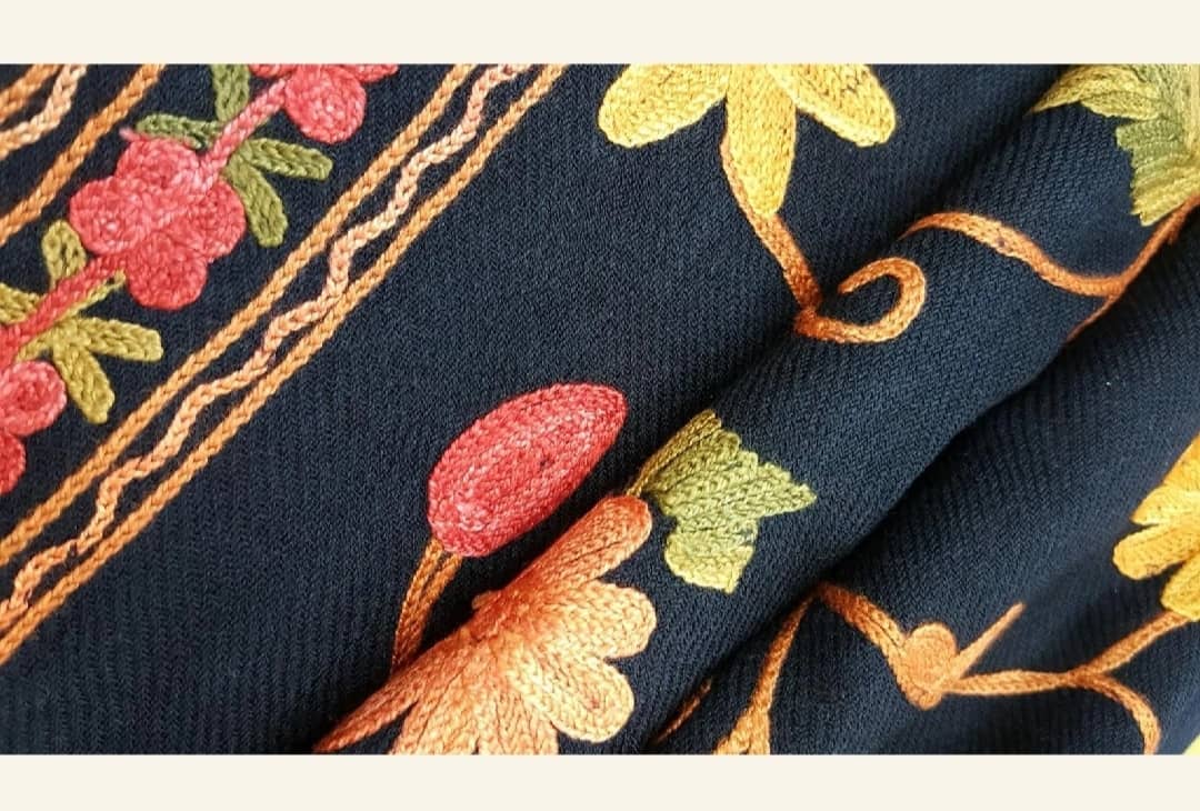 Midnight Black Pashmina Shawl with Multi-Color Aari Embroidery
