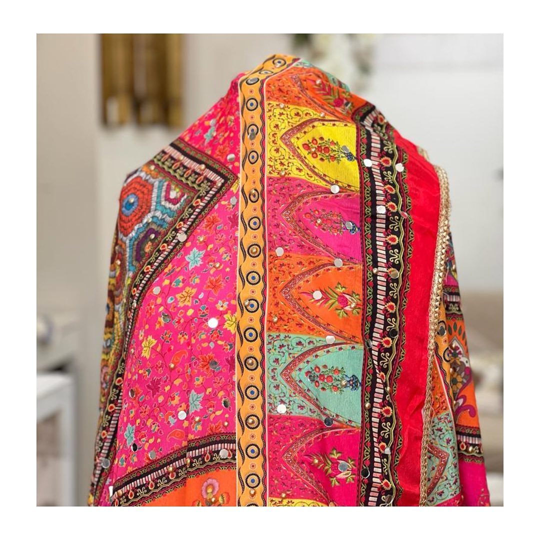 Pink & Mustard Floral Phulkari Dupatta with Scalloped Mirror Borders