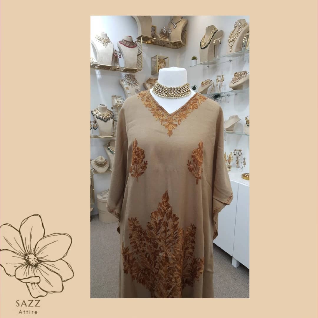 Classic Camel Woolen Kaftan with Tonal Bronze Embroidery