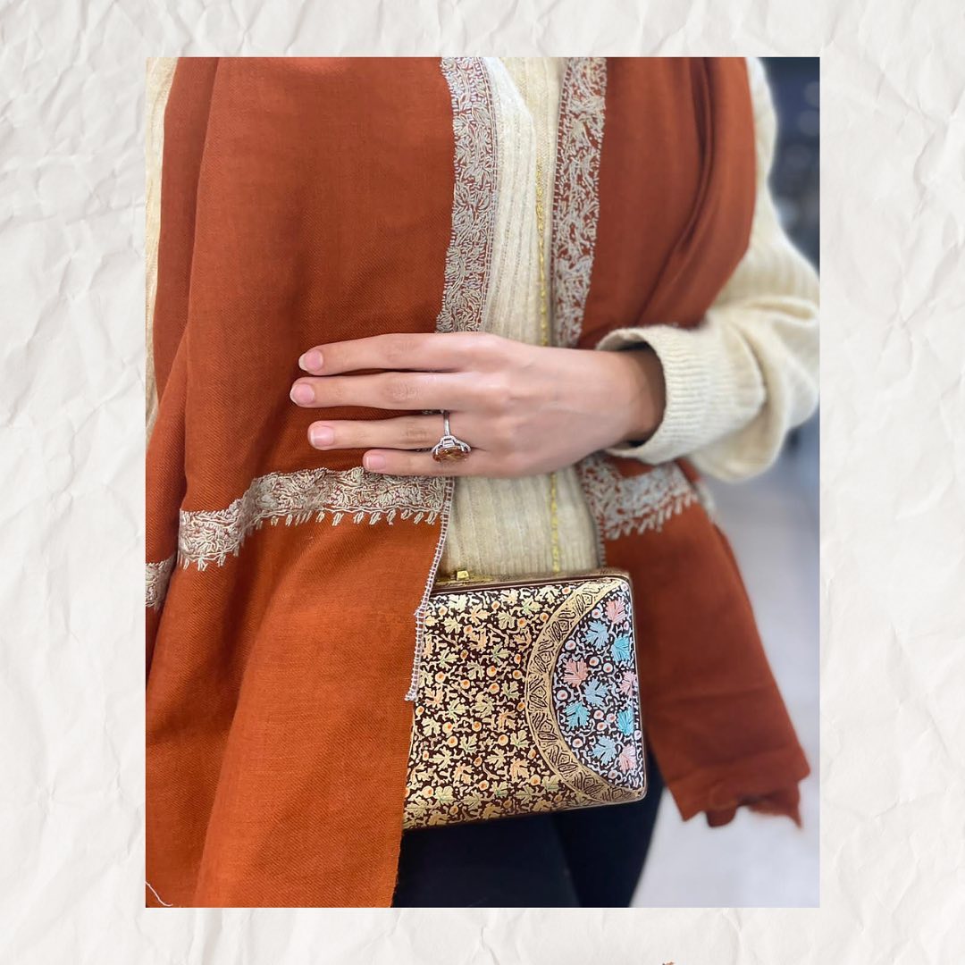 Burnt Orange Hand-Embroidered Shawl with Scalloped Lace Border