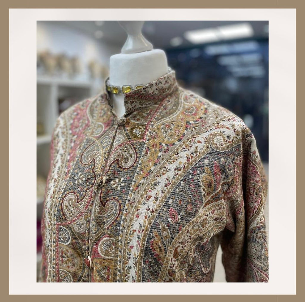 Classic Beige & Gold Jamawar Paisley Coat - Neutral Elegance