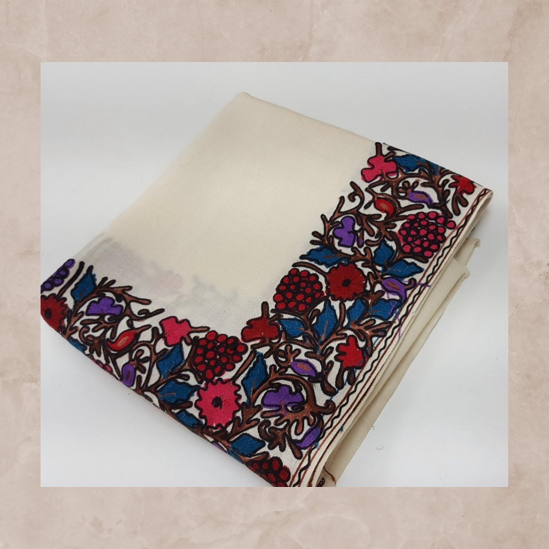 Ivory Cream Pashmina Style Shawl with Multi-Color Floral Aari Embroidery
