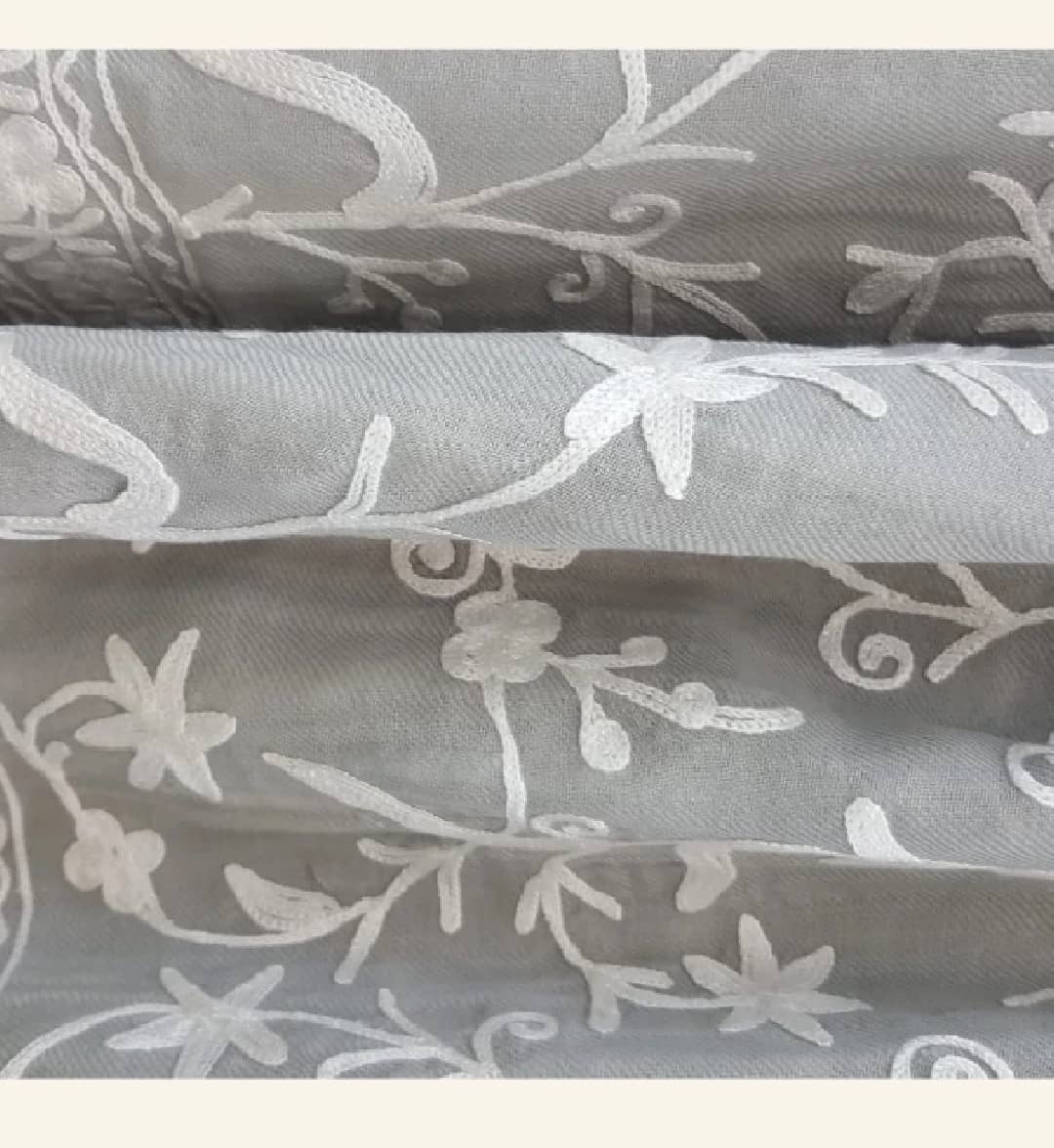 Elegant Silver-Grey Self-Embroidered Shawl with Floral Vine Pattern